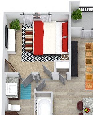 Hamer 3D 3D Hamer 1 Bedroom apartment floorplan. in-unit stacked washer/dryer, Lshaped kitchen with island open to Living area. hallway closet, 1 bathroom with linen cabinet and walk-in closet. Balcony.
